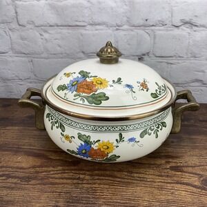 Vintage ASTA Floral Enamel Cookware Brass 8.5" Dutch Oven Casserole Pot